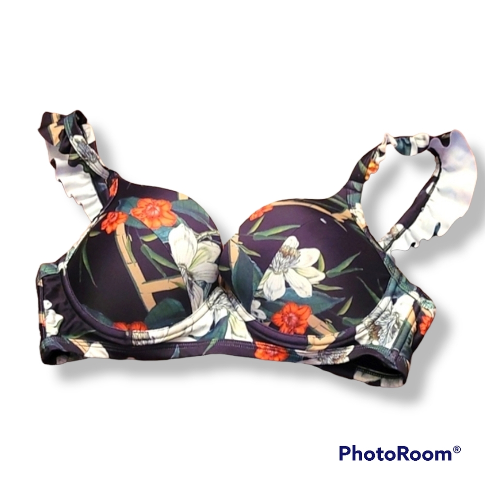 Peak & Beau Black Floral Ruffle Strap Bikini Top